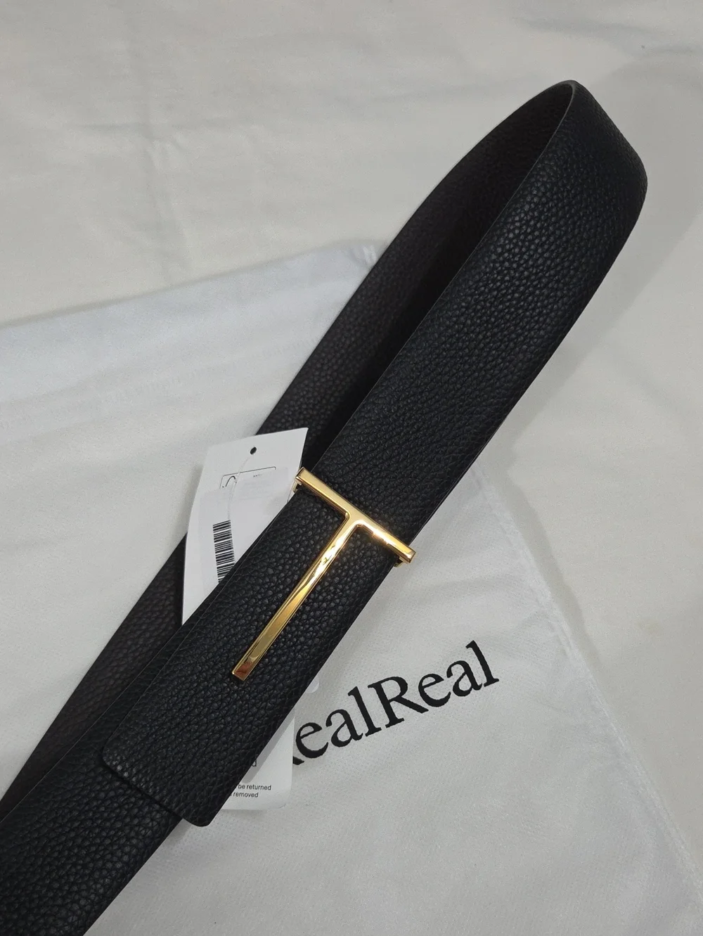Tom Ford Black Leather Belt Gold T Accent Buckle